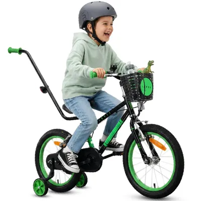 Obrázok produktu pre Detský bicykel 16 palcov pre chlapcov vo veku 4, 5 a 6 rokov, 7,9 kg, s držadlom na tlačenie, pomocnými kolieskami, košíkom, zvončekom, V-brzdami a nálepkami, LOVEL, čierno-zelený