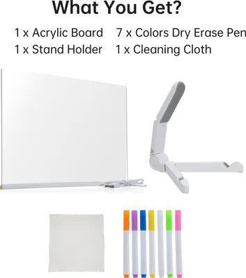 Produktbild von Acryl Dry Erase Board mit Licht 30x20cm Schreibtafel für Desktop-Notiz Memo Whiteboard Notepad Wiederverwendbare LED Letter Massage Boards für persönliche kreative Nutzung mit 7 Farben Stift für Büro Schule Haus Restaurant Coffee Shop