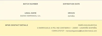 This image contains text information related to a product, including legal name, origin, and contact details.