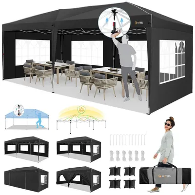 Produktbild von Faltpavillon 3x6m Wasserdicht Stabil Winterfest mit Seitenwänden Schwarz