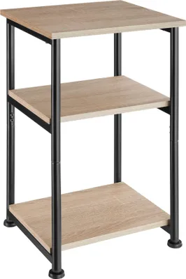 A three-tiered side table with a wood-grain finish and black metal legs.