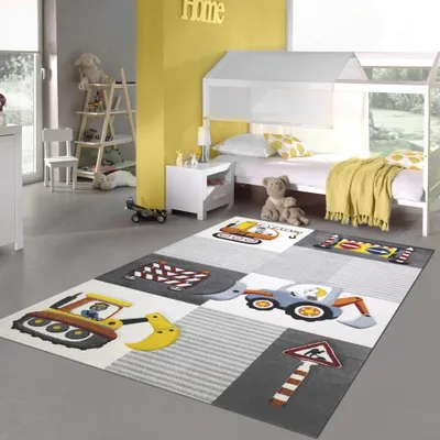 Image de Tapis de jeu pour chambre d'enfant avec pelleteuses & panneaux routiers gris jaune Taille - 200 x 290 cm