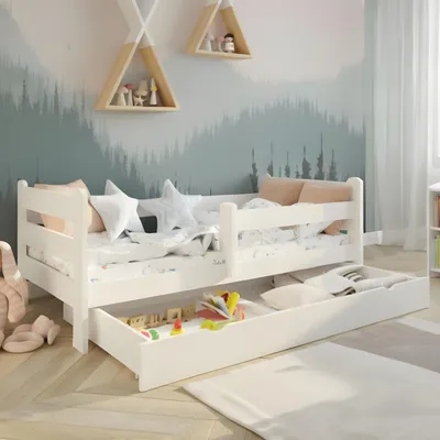 Produktbild von Kids Collective Kinderbett 80x160 cm Kinder Bett Jugendbett Juniorbett | Mit Rausfallschutz & Schublade | Stabiles Kiefernholz | 80×160 cm von 3. bis 10. Lebensjahr | Weiß