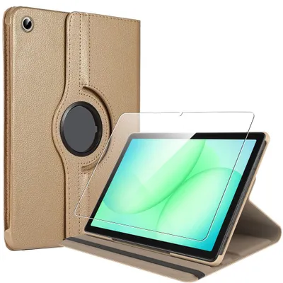 Image de Coque + Verre Trempé pour Samsung Galaxy Tab A11 Plus / A9 Plus, Rotation 360° Synthécuir - Doré