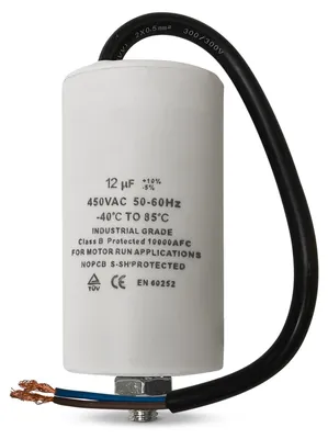 Produktbild von Kondensator 12,00µF 450V mit Anschlusskabel Befestigungsschraube für Hausgeräte, KI-generiertes Bild