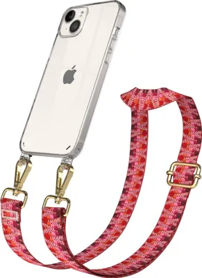 Produktbild von EAZY CASE Handykette - Verstellbarer Trageriemen kompatibel mit Apple iPhone 14 Plus, Handykordel mit transparenter Silikon-Hülle, Karabiner Gold, ZickZack Style, Band in Lila