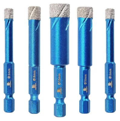Obrázek produktu pro Sada diamantových vrtáků, 5 kusů, 6/6/8/10/12 mm, šestihranná stopka, pro vrtání do dlaždic, keramiky, žuly, skla, mramoru