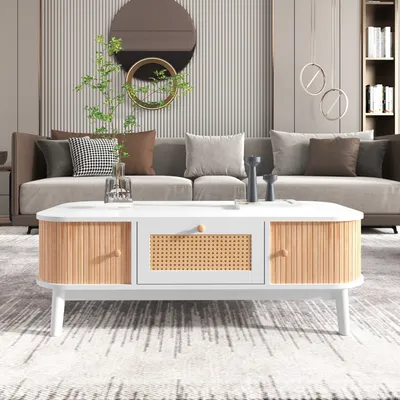Zdjęcie produktu dla Stolik kawowy – stolik z rattanu, szuflady z rattanu i przesuwane drzwiczki z listwami z litego drewna, nogi z litego drewna, naturalny styl rustykalny, biały,
