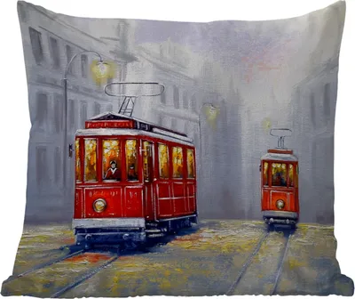 Produktbild von MuchoWow® Outdoor Kissen - Gemälde - Straßenbahn - Stadt - Öl - 40x40 cm - Wetterfest - Lounge Kissen - Kopfkissen - Interieur - Polster mit Bild