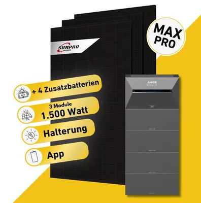 Produktbild von Balkonstrom Balkonkraftwerk 1500W Solaranlage mit Speicher | 4xZusatzspeicher | Balkonhalterung | 3xSolarmodul Bifazial | Anker Solix 3 Pro |Kabel 15m