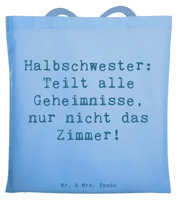 Produktbild von Mr. & Mrs. Panda Jutebeutel Spruch Halbschwester Geheimnisse - Sky Blue - Geschenk, Abenteuer, gemeinsames, Liebe, Patchworkfamilie, Geschwisterbeziehung, Tasche