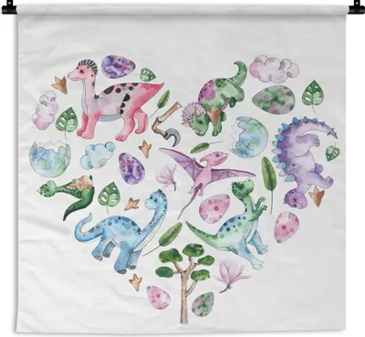 Produktbild von MuchoWow® Wandteppich Wandbehang Kinderzimmer - Herz - Dinosaurier - Mädchen - Kinder - Rosa 150x150 cm Tapisserie Dekoration Wandtuch - Wohnaccessoires - Modernes