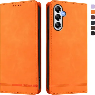 A product shot of an orange flip phone case, shown open and closed, with a set of color swatches on the right.