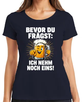 Productafbeelding van Voordat je het vraagt, ik neem nog een biertje. Party-statement, sarcastisch dames T-shirt, marineblauw, maat L