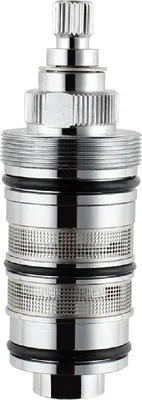 A close-up studio shot of a chrome faucet cartridge.