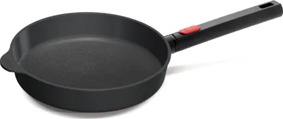 A black frying pan with a red accent on the handle is shown against a white background.