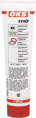 A white tube of OKS 1110 multi-silicone grease with red and black text and logos.