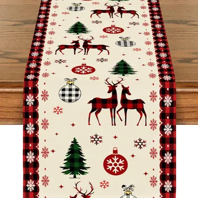 Obrázek produktu pro Běžec na stůl, vánoční motiv, jeleni, sněhové vločky, červený, 33x180 cm, polyester