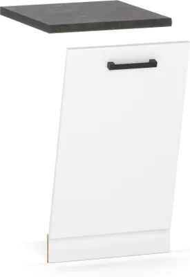A kitchen cabinet door and a countertop are shown against a white background.