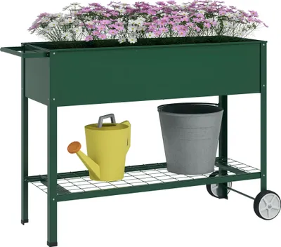 Produktbild von Outsunny Hochbeet mit Rädern und Regal Kräuterbeet Pflanzenbeet Metall Grün