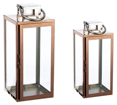 Produktbild von Laternen-Set Galano aus Edelstahl und Glas - Rosegold - glänzend - Höhe 38 cm x Breite 16 cm - Kerzenhalter