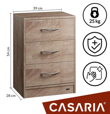 Produktbild von Nachttisch mit 3 Schubladen, Eichenoptik, 54 x 39 x 28 cm
