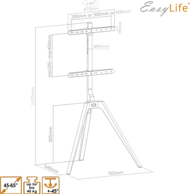 A technical drawing with dimensions of a tripod TV stand.