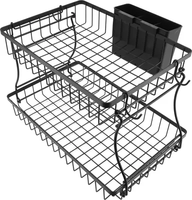 Image de organisateur de fruits à 2 niveaux avec panier et crochets Support de stockage détachable pour la cuisine, les légumes et les fournitures de salle de bain