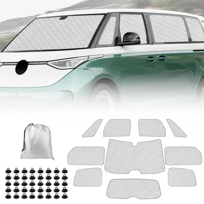 Zdjęcie produktu dla Mata termoizolacyjna do kabiny kierowcy dla VW ID Buzz (długa wersja), zestaw 10-elementowy, ochrona przed słońcem, izolacja, zapewnienie prywatności