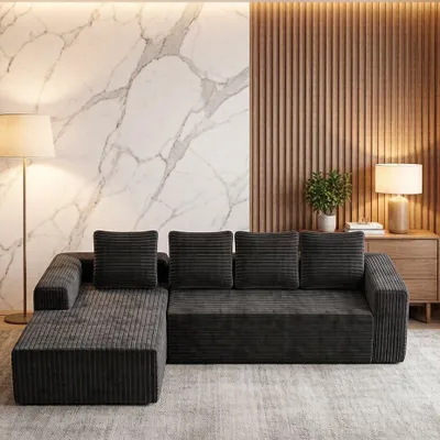 Zdjęcie produktu dla Modułowa sofa w kształcie litery L z leżanką – 3-osobowa, szara – głębokie siedzisko – tkanina sztruksowa – nie wymaga montażu