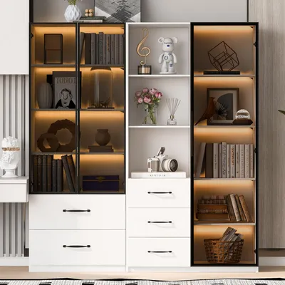 Image de Vitrine avec éclairage LED, dimensions 140x40x160 cm, avec étagères en verre et compartiments ouverts, de couleur blanche
