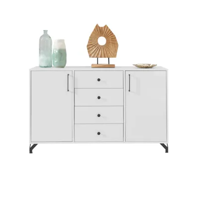 Image de Commode BERGO Blanc 140 cm Buffet 2 portes et 4 tiroirs, style contemporain