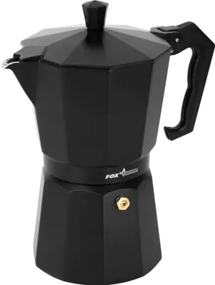 A black stovetop espresso maker is shown against a white background.