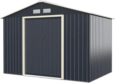 Zdjęcie produktu dla Dom narzędziowy metalowy, 5,29 m², wymiary 277 x 191 x 202 cm. Dom narzędziowy, szopka narzędziowa z drzwiami przesuwnymi, dachem dwuspadowym, oknem wentylacyjnym. Idealny do ogrodu, tarasu lub balkonu