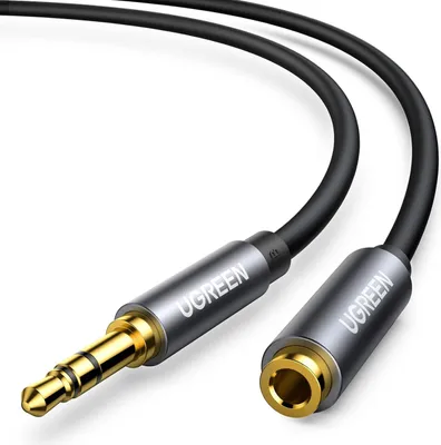 A close-up shot of a Ugreen AUX extension cable with 3.5mm jack connectors.