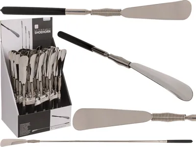 A collage of images showing an extendable metal shoehorn in various configurations and a display box of shoehorns.