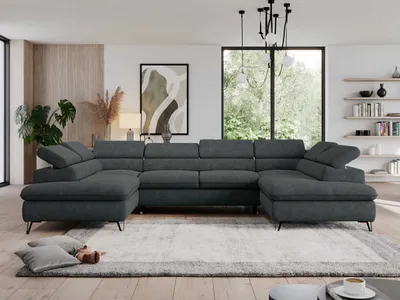 Produktbild von U-Ecksofa mit Schlaffunktion, verstellbare Kopfstützen, Couch mit Bettkasten - PEDRO U - Struktur - Dunkelgrau