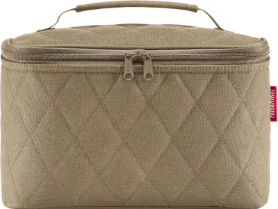 A beige quilted cosmetic case with a handle and zipper closure.