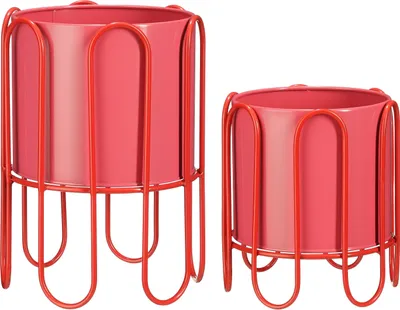 Productafbeelding van Mica Decorations Dione Bloempot op Plantenstandaard - Set van 2 Ronde Bloempotten - Plantensteun met Verhoogd Podium - Bloempothouder Waterbestendig van Metaal - H35 x Ø25,5 cm - Rood, Roze