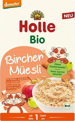 MUSLI BIRCHERA Z JABŁKIEM, RODZYNKAMI I MIGDAŁAMI BEZ DODATKU CUKRÓW OD 1 ROKU DEMETER BIO 200 g - HOLLE