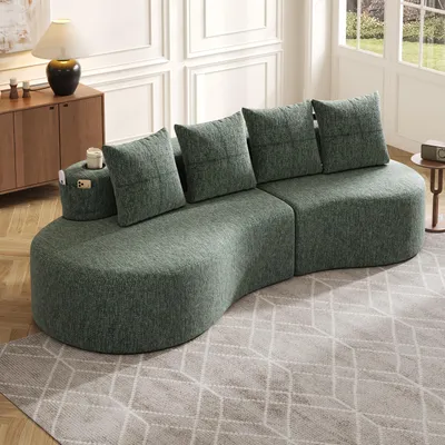 Immagine prodotto di Divano in lino okwish, divano da soggiorno con 4 cuscini, divano a tre posti, divano modulare con portabicchieri e tasca laterale, confortevole e traspirante, verde