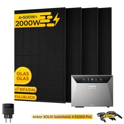 Produktbild von Powerness® Balkonkraftwerk mit Speicher Anker SOLIX Solarbank 4 E5000 Pro mit 4x 500W Solarmodule & Anker SOLIX Smart Plug Gen 2 (0% MwSt)