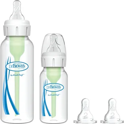 Two Dr. Brown's baby bottles of different sizes and two spare nipples are displayed against a white background.