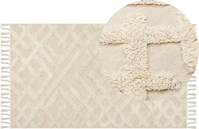 Produktbild von BELIANI Teppich Hellbeige Baumwolle Rechteckig 80 x 150 cm Geometrisches Muster Fransen Handgetuftet Boho Kurzhaar Fußbodenheizung Geeignet Läufer