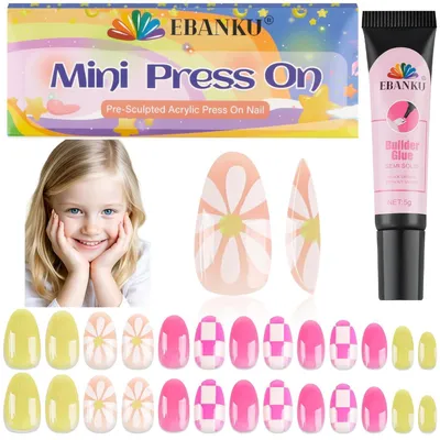 Productafbeelding van Kinder nepnagels set, 26 stuks met lijm, vintage kleurrijke bloemen, geschikt voor kinderen van 8-12 jaar