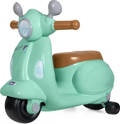A mint green toy Vespa scooter with a brown seat, shown from a side-angle on a white background.