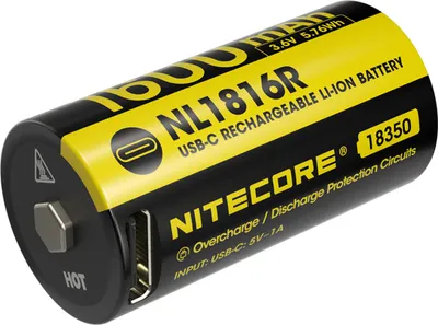 A close-up studio shot of a Nitecore 18350 rechargeable lithium-ion battery.