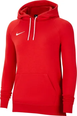 A red Nike hoodie is shown from the front.