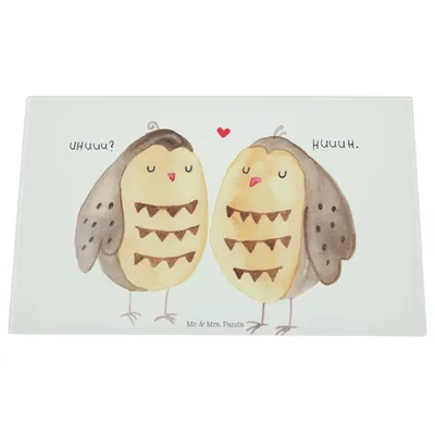 Produktbild von Mr. & Mrs. Panda Schneidebrett Aus Glas Eulen Liebe - Weiß - Geschenk, Spruch, Hackbrett, Eule, Verliebt, Owl, schneidunterlage, Glasbrett, Schneideplatte, Schneidplatte