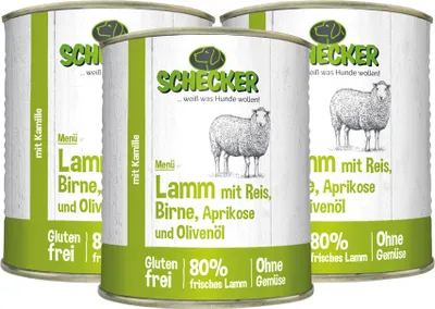 Produktbild von 3 x 820 g  - Schecker Hundemenü Nassfutter - Lamm mit Reis, Birne, Aprikose und Olivenöl